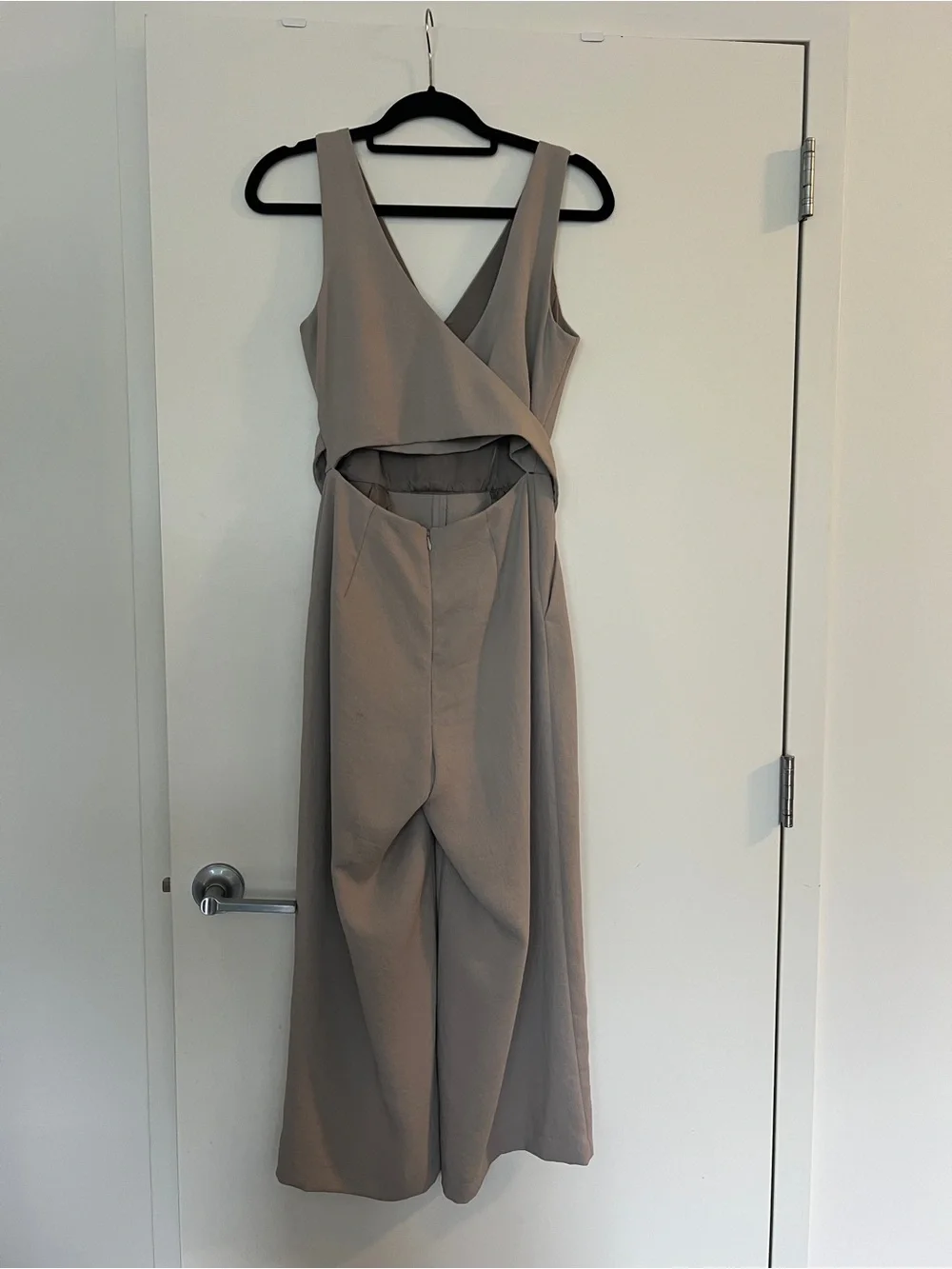 Wilfred Taupe Sleeveless V-Neck Wide-Leg Jumpsuit with connected Self-Tie Belt - Picture 2 of 3